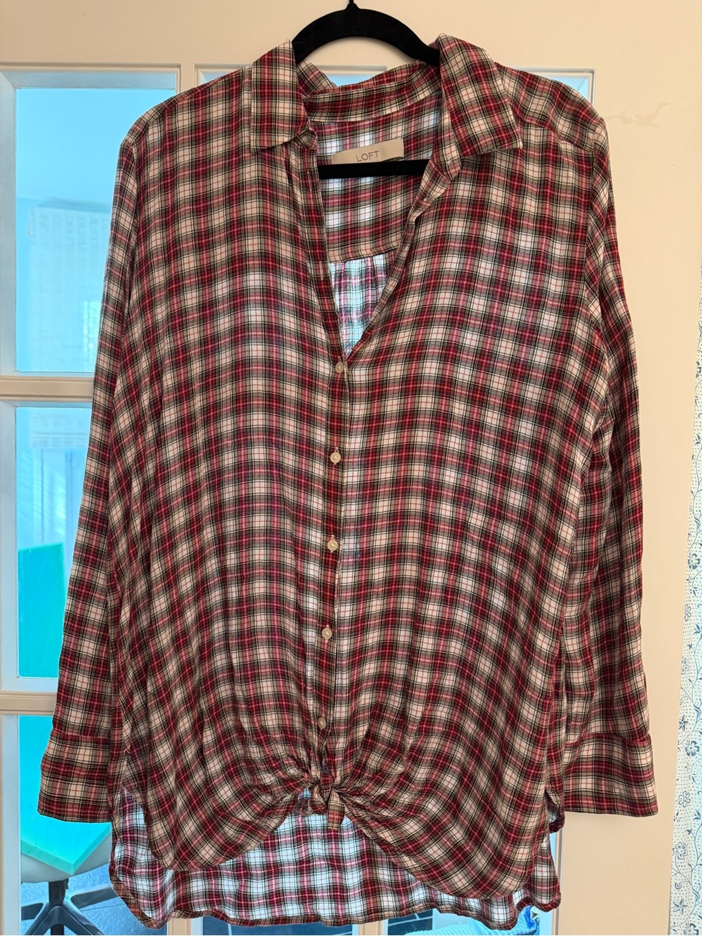 LOFT Red and Cream Plaid Button-Front Tie-Hem Blouse